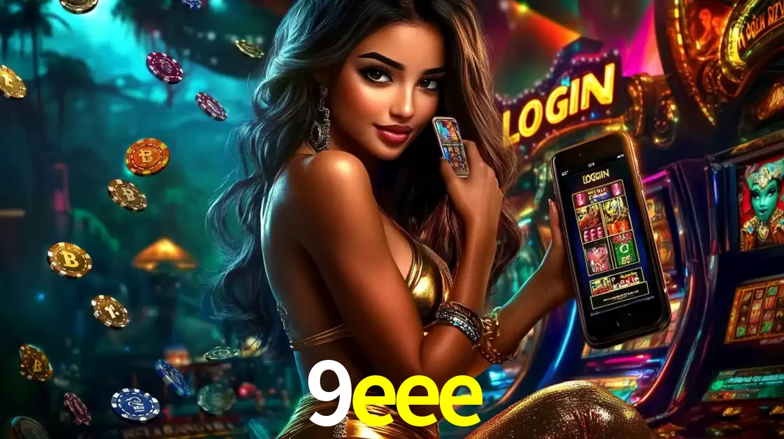 Mulher em um cenário de cassino temático de aventura, mostrando o app de caça-níqueis da 9eee no celular. Fichas de apostas flutuam ao redor.