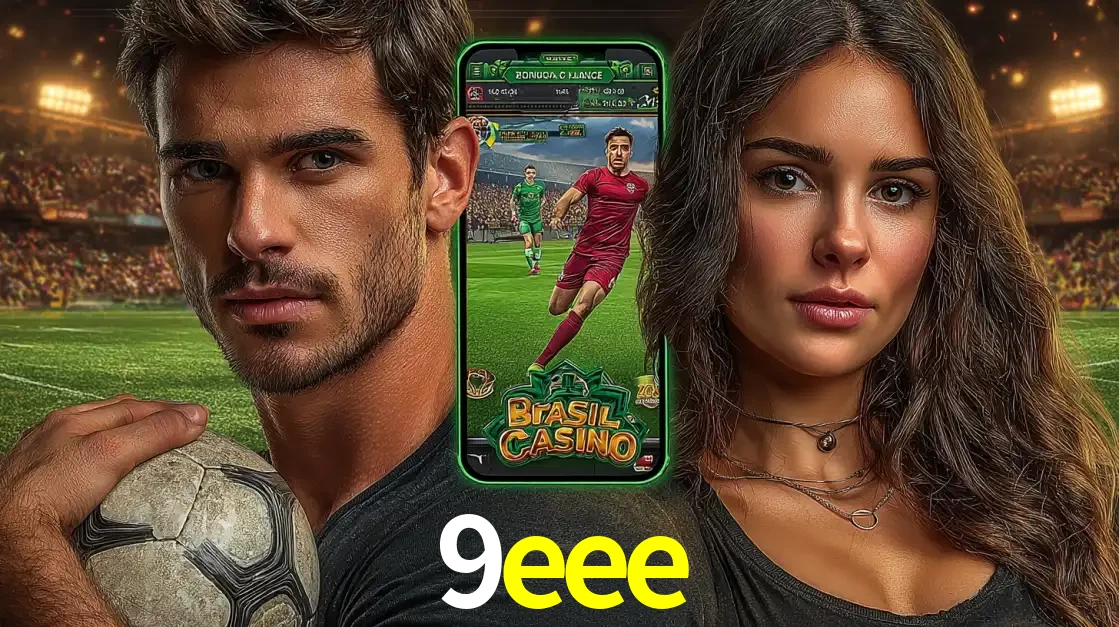 Homem segurando uma bola de futebol e uma mulher ao lado de um smartphone exibindo o jogo de apostas esportivas da 9eee. Faça seu palpite no cassino online.